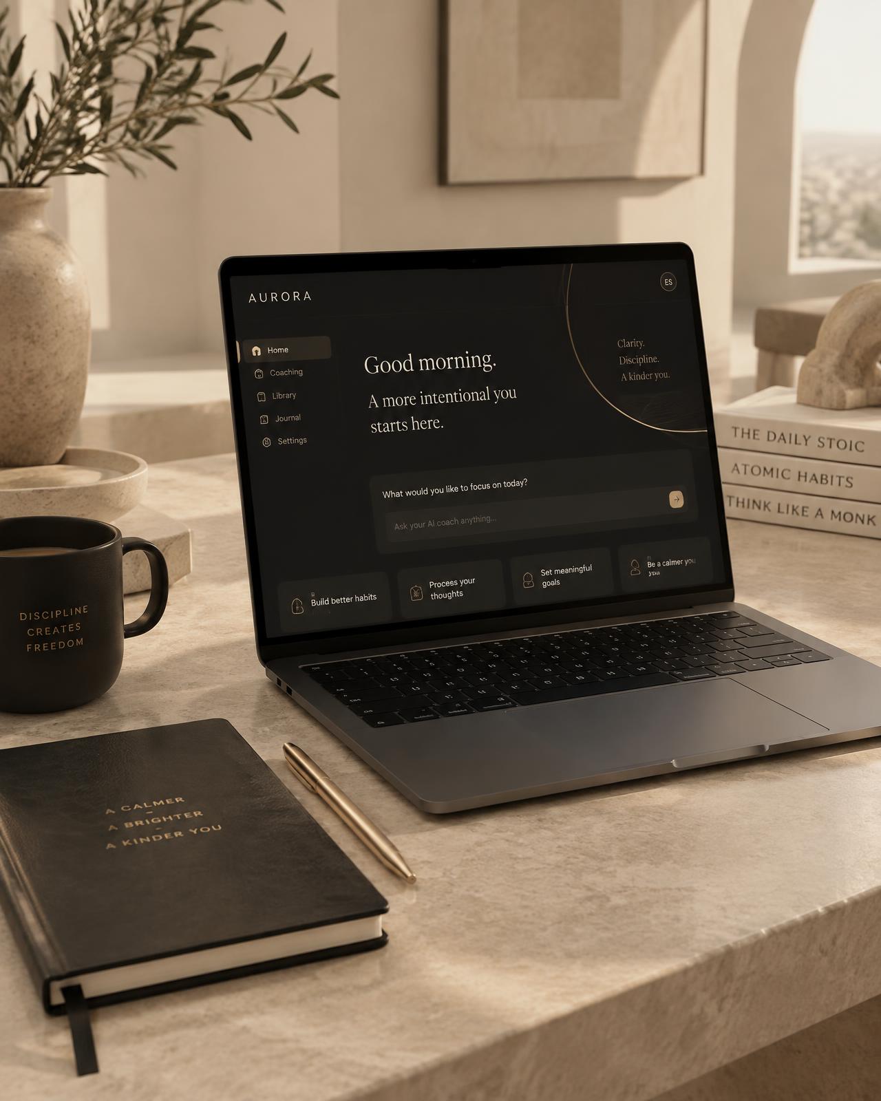 Minimal workspace with a dark AI coaching interface on a laptop in warm daylight
